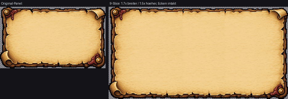 9-slice: left, the original panel; right, rebuilt 1.7× wider / 1.5× taller, corners stay sharp.