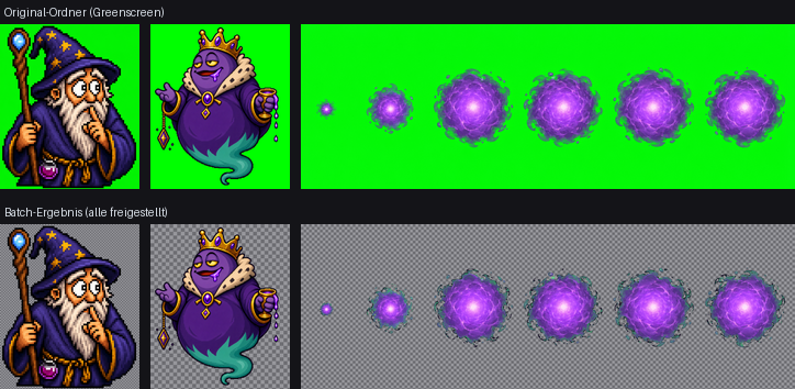 Batch: a whole folder of green screen sprites on the left, all cut out on the right.